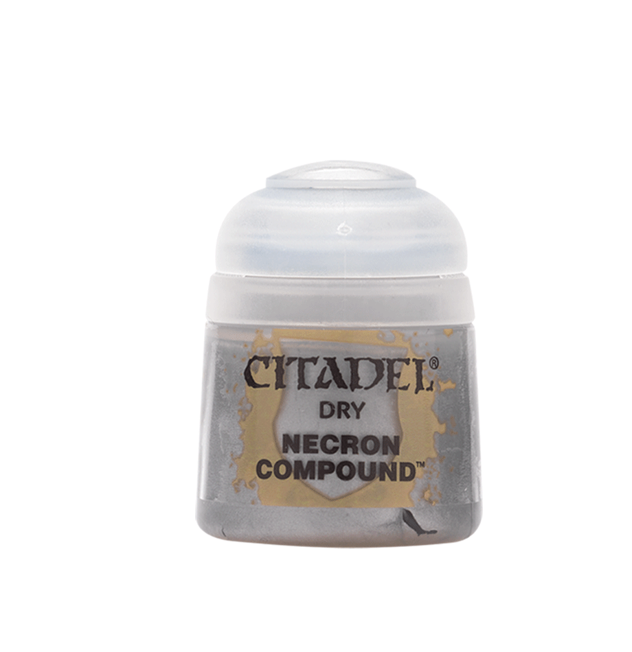 Citadel Dry Paint: Necron Compound - Small clear plastic pot of Citadel Dry Paint in Necron Compound color with gray label and black text.
