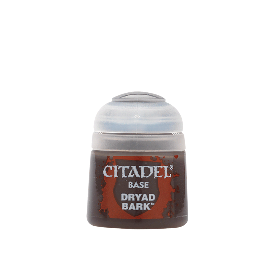 Citadel Base Paint: Dryad Bark - Brown paint pot labeled Citadel Base Dryad Bark with a translucent screw-top lid.