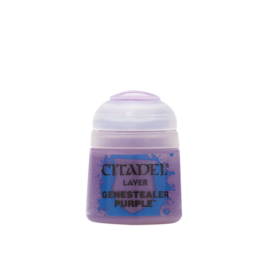 Citadel Layer Paint: Genestealer Purple - Citadel Layer Paint pot in translucent purple with blue label and black text.