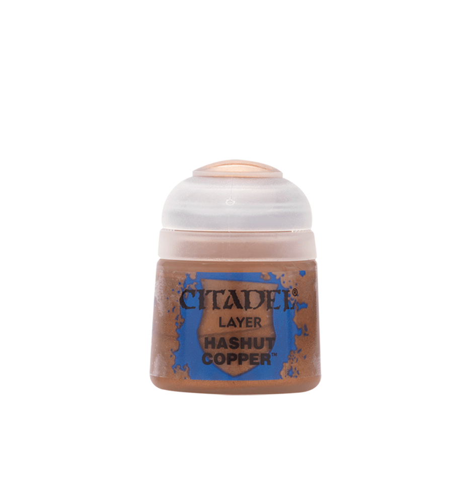 Citadel Layer Paint: Hashut Copper - Small plastic pot of Citadel Layer Paint in metallic copper shade with clear dome lid.