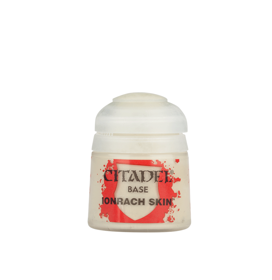 Citadel Base Paint: Ionrach Skin - Small clear plastic pot of Citadel Base Paint in pale beige shade labeled Ionrach Skin with red and black text on white.