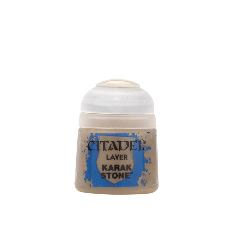 Citadel Layer Paint: Karak Stone - Small paint pot with beige-colored Citadel Layer Paint labeled Karak Stone.