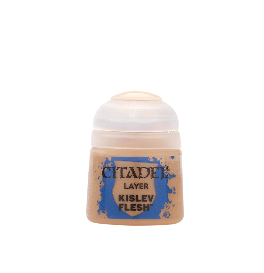 Citadel Layer Paint: Kislev Flesh - Small plastic pot of Citadel Layer Paint in pale beige Kislev Flesh color with blue-logo label.