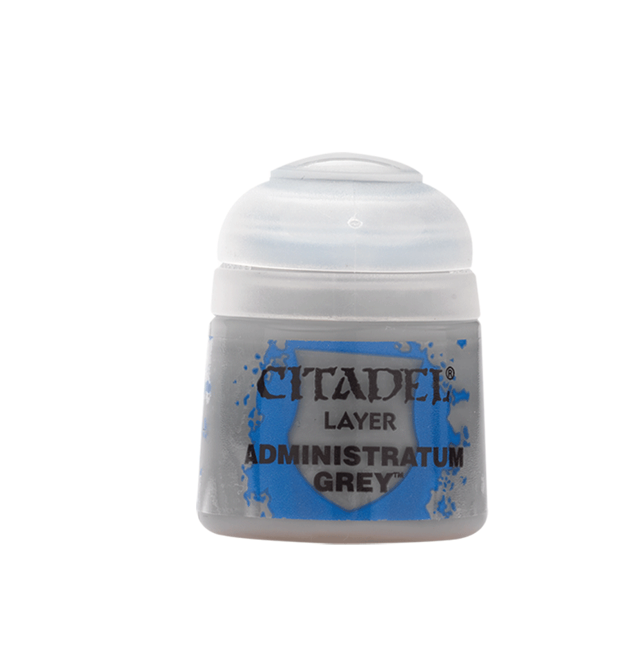 Citadel Layer Paint: Administratum Grey - Citadel Layer Paint pot in Administratum Grey with black and blue label and white cap.