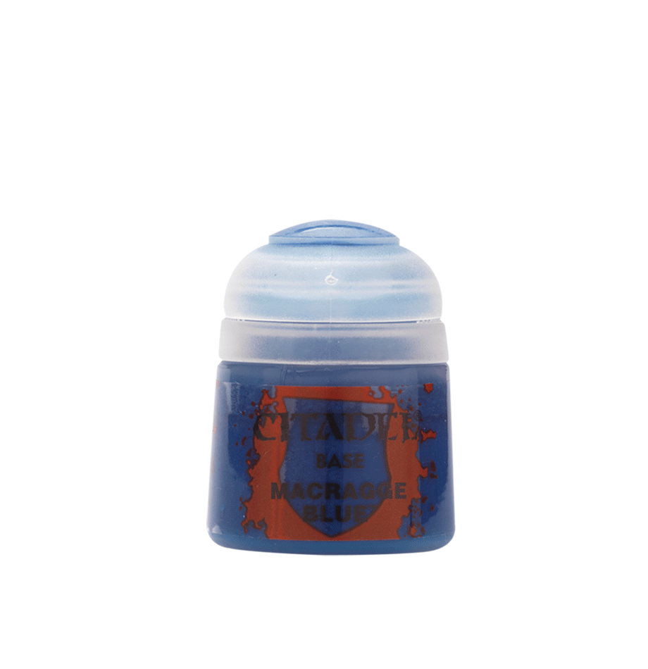 Citadel Base Paint: Macragge Blue - Small pot of Citadel Base Paint in vibrant Macragge Blue with a clear plastic flip lid.