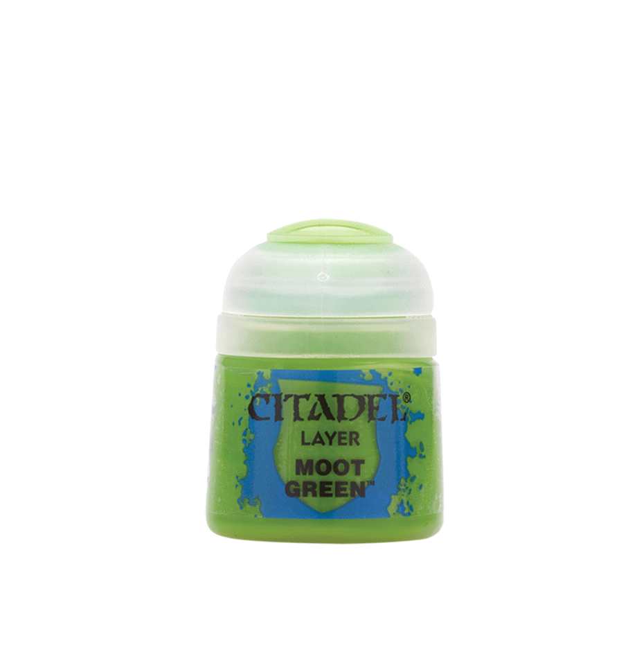 Citadel Layer Paint: Moot Green - Small pot of Citadel Layer Paint in bright Moot Green with a clear lid and blue paint splatters on the label.