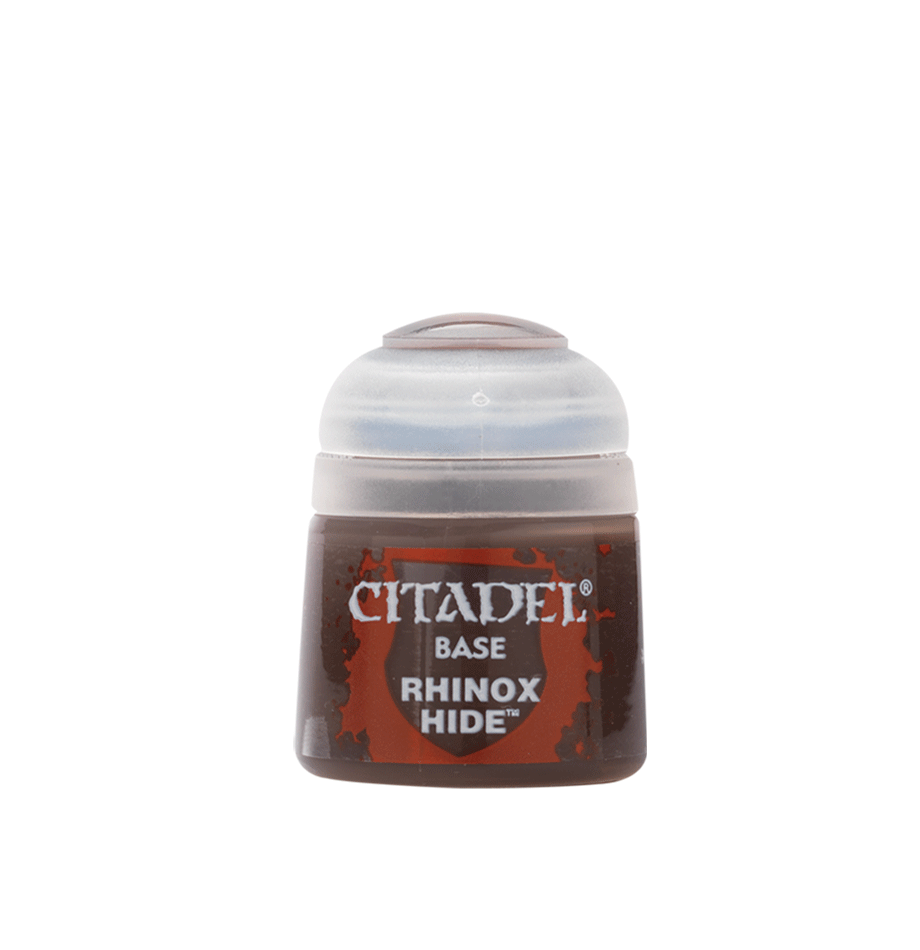 Citadel Base Paint: Rhinox Hide - Small pot of Citadel Base Paint in dark brown labeled Rhinox Hide with white lid.