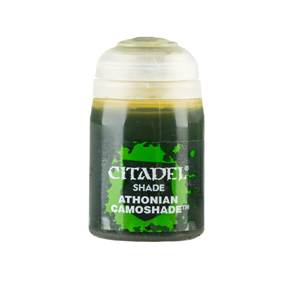 Citadel Shade Paint: Athonian Camoshade - Small bottle of Citadel Shade paint in Athonian Camoshade with dark green label and clear cap.