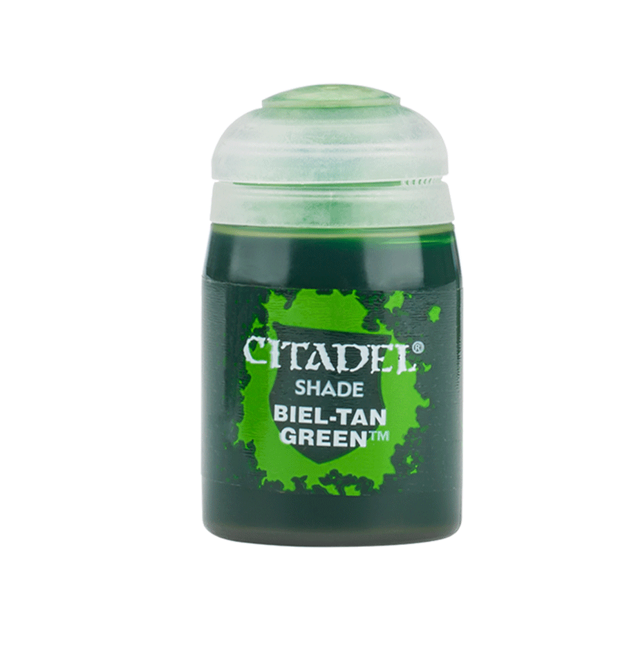 Citadel Shade Paint: Biel Tan Green - Citadel Shade paint pot in Biel Tan Green with black label and white text.