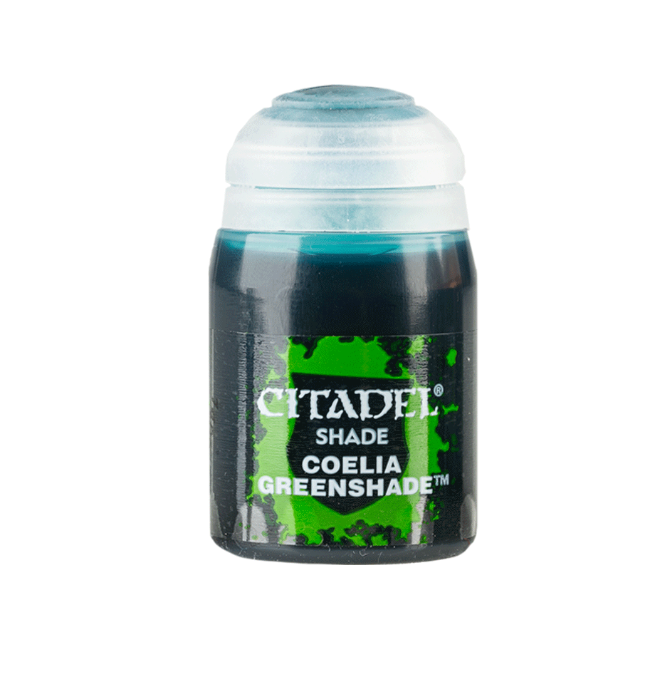 Citadel Shade Paint: Coelia Greenshade - Small black plastic paint pot with turquoise-green paint visible inside labeled Citadel Shade Coelia Greenshade.
