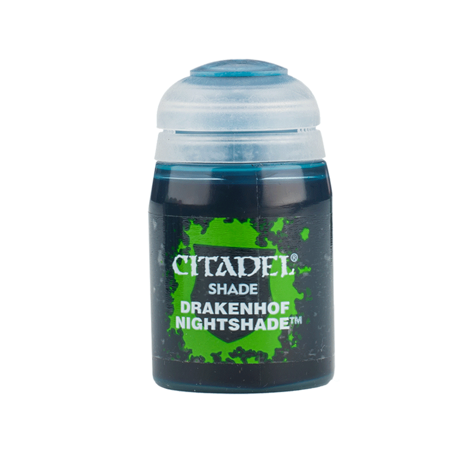 Citadel Shade Paint: Drakenhof Nightshade - Citadel Shade Drakenhof Nightshade paint pot with blue-gray lid and green label design.