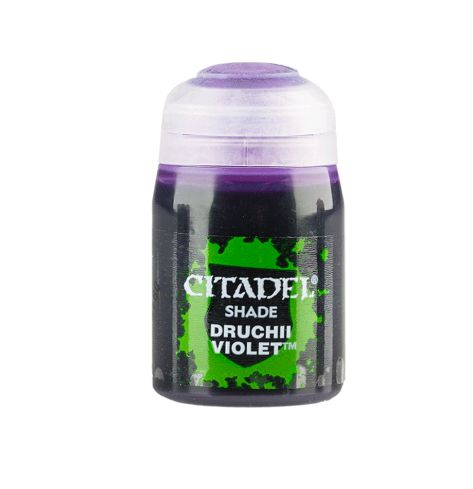 Citadel Shade Paint: Druchii Violet - Small clear paint pot with purple lid and green label reading Citadel Shade Druchii Violet.