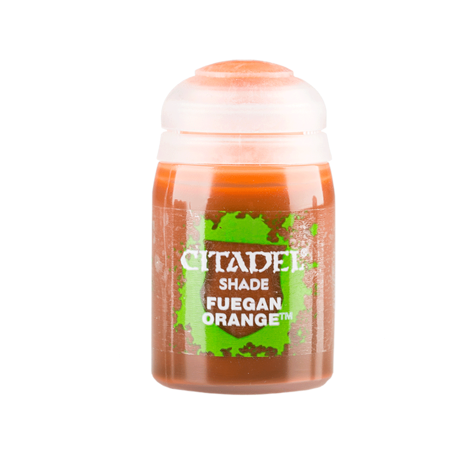 Citadel Shade Paint: Fuegan Orange - Citadel Shade Paint bottle in Fuegan Orange with clear cap and green decorative label elements.