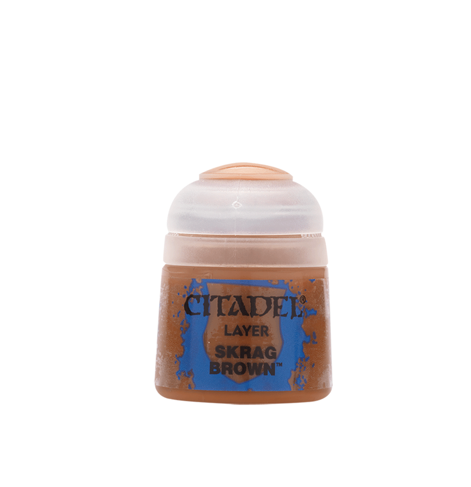 Citadel Layer Paint: Skrag Brown - Small plastic pot of Citadel Layer Paint in Skrag Brown with secure lid and blue label.
