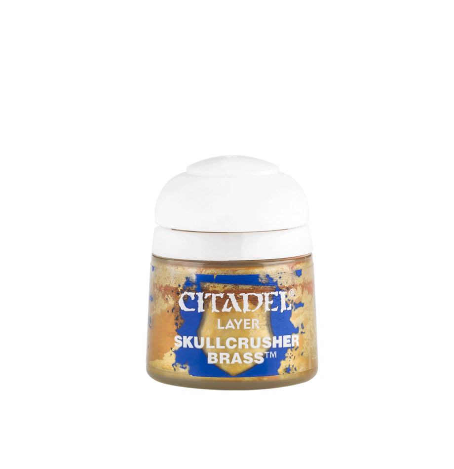 Citadel Layer Paint: Skullcrusher Brass - Small clear plastic pot of Citadel Layer Paint in metallic brass color with white flip-top lid and blue label.