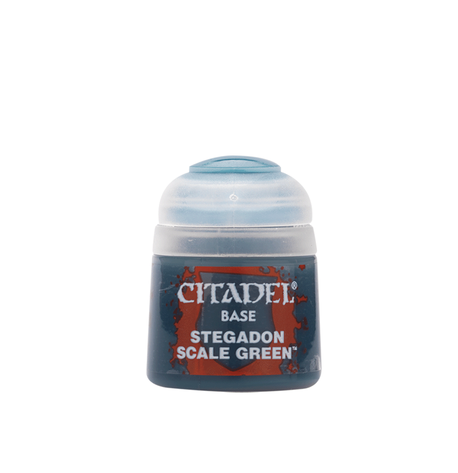 Citadel Base Paint: Stegadon Scale Green - Small pot of Citadel Base Paint in Stegadon Scale Green with dark label and white cap.