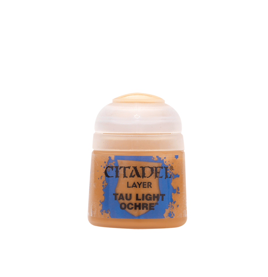 Citadel Layer Paint: Tau Light Ochre - Small plastic pot of Citadel Layer Paint in Tau Light Ochre color with blue logo and text.