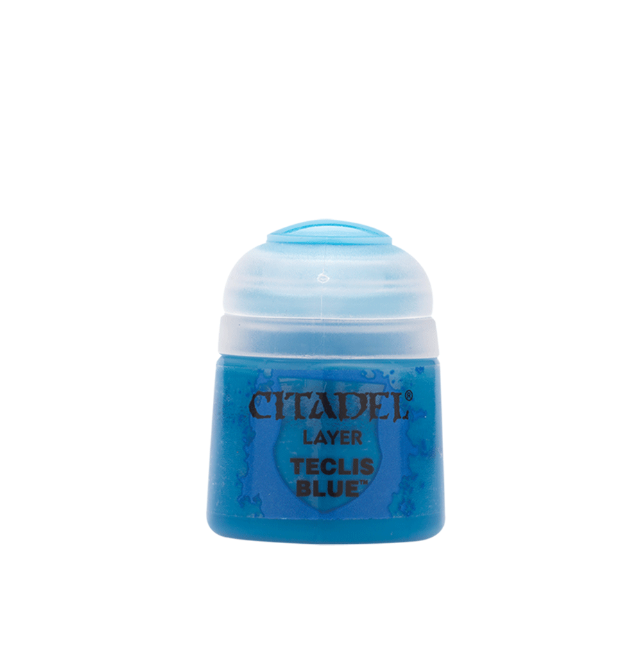 Citadel Layer Paint: Teclis Blue - Small transparent paint pot filled with vibrant teal-blue Citadel layer paint labeled Teclis Blue.