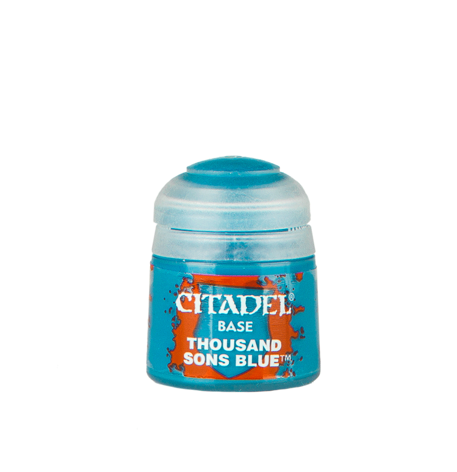 Citadel Base Paint: Thousand Sons Blue - Small plastic pot of Citadel Base paint in vibrant Thousand Sons Blue with a clear snap-on lid.