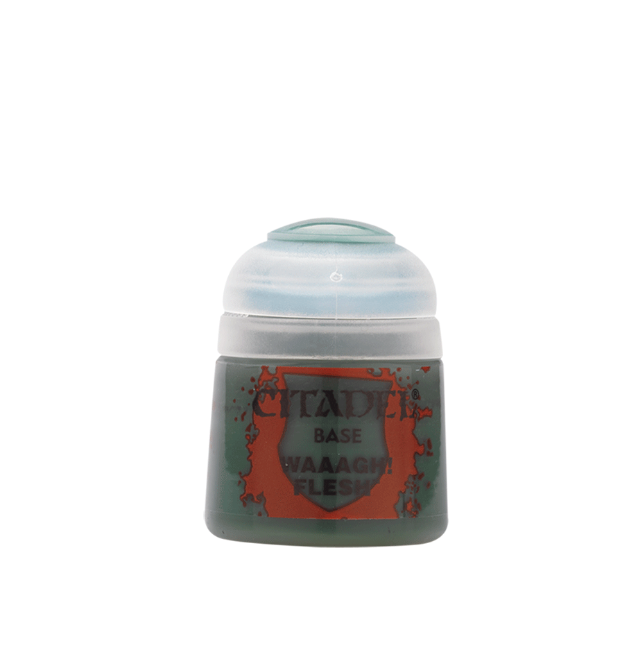 Citadel Base Paint: Waaagh! Flesh - Small round Citadel Base Paint pot with grey cap labeled Waaagh! Flesh in muted green container.