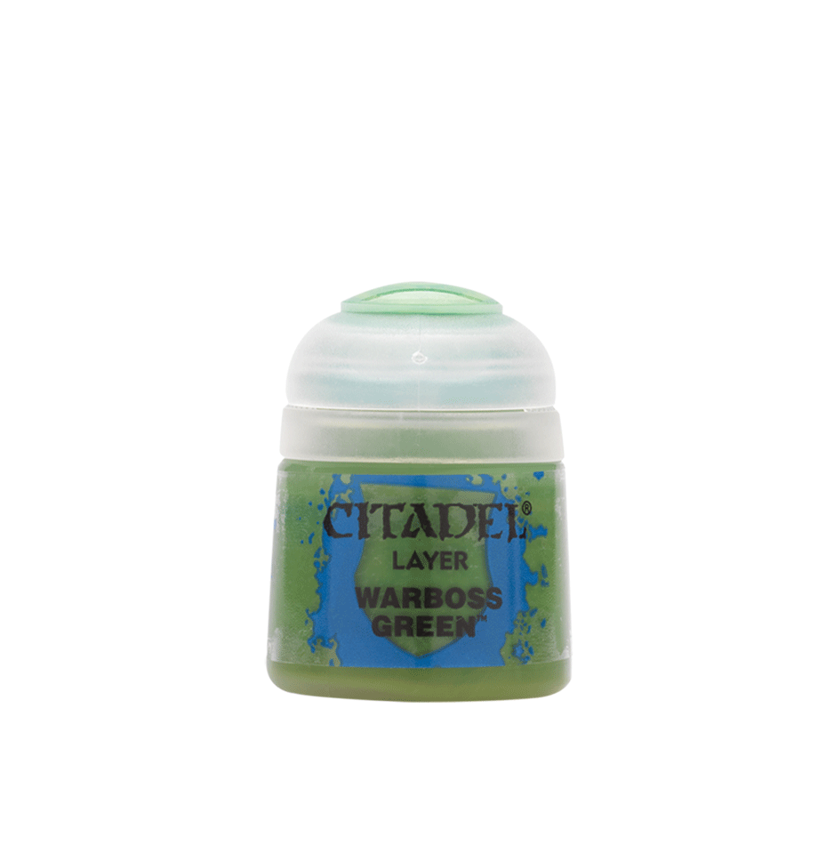 Citadel Layer Paint: Warboss Green - Small pot of Citadel Layer Paint in Warboss Green with a rounded white lid and blue decorative text on the label.