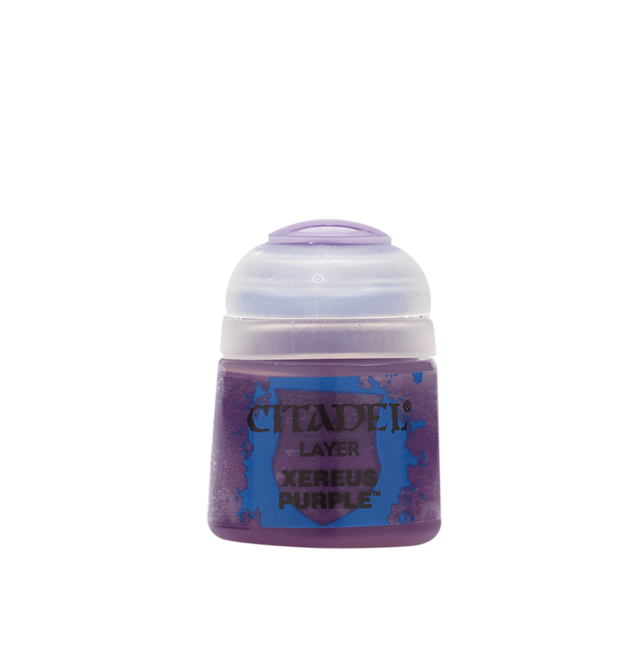 Citadel Layer Paint: Xereus Purple - Small transparent pot of dark purple Citadel Layer paint with a clear cap and black text label.