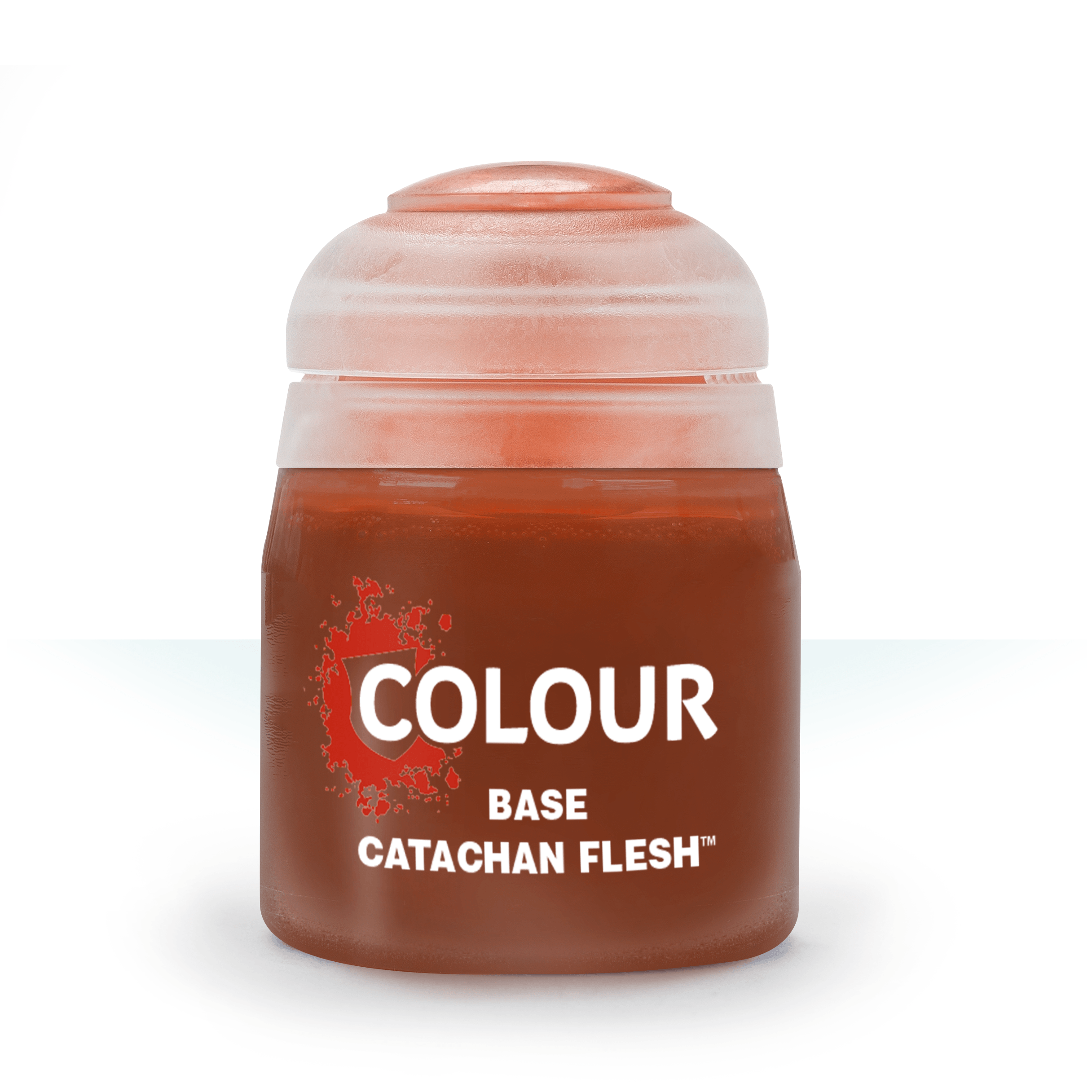 Citadel Base Paint: Catachan Flesh - Citadel Base Paint pot in Catachan Flesh red-brown plastic container with white text and red logo.