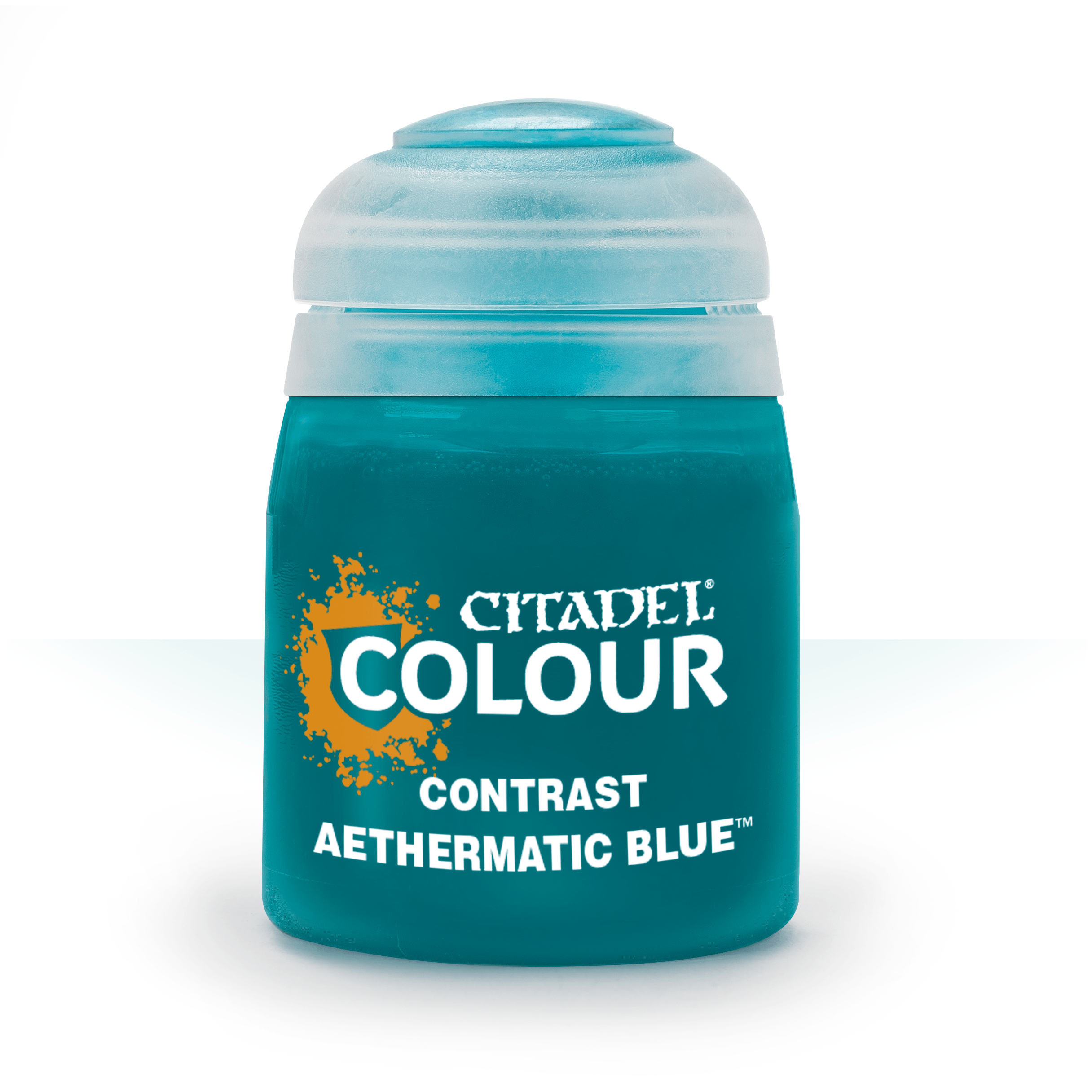 Citadel Contrast Paint: Aethermatic Blue - Small pot of Citadel Colour Contrast Paint in vibrant Aethermatic Blue with white and orange text on label.