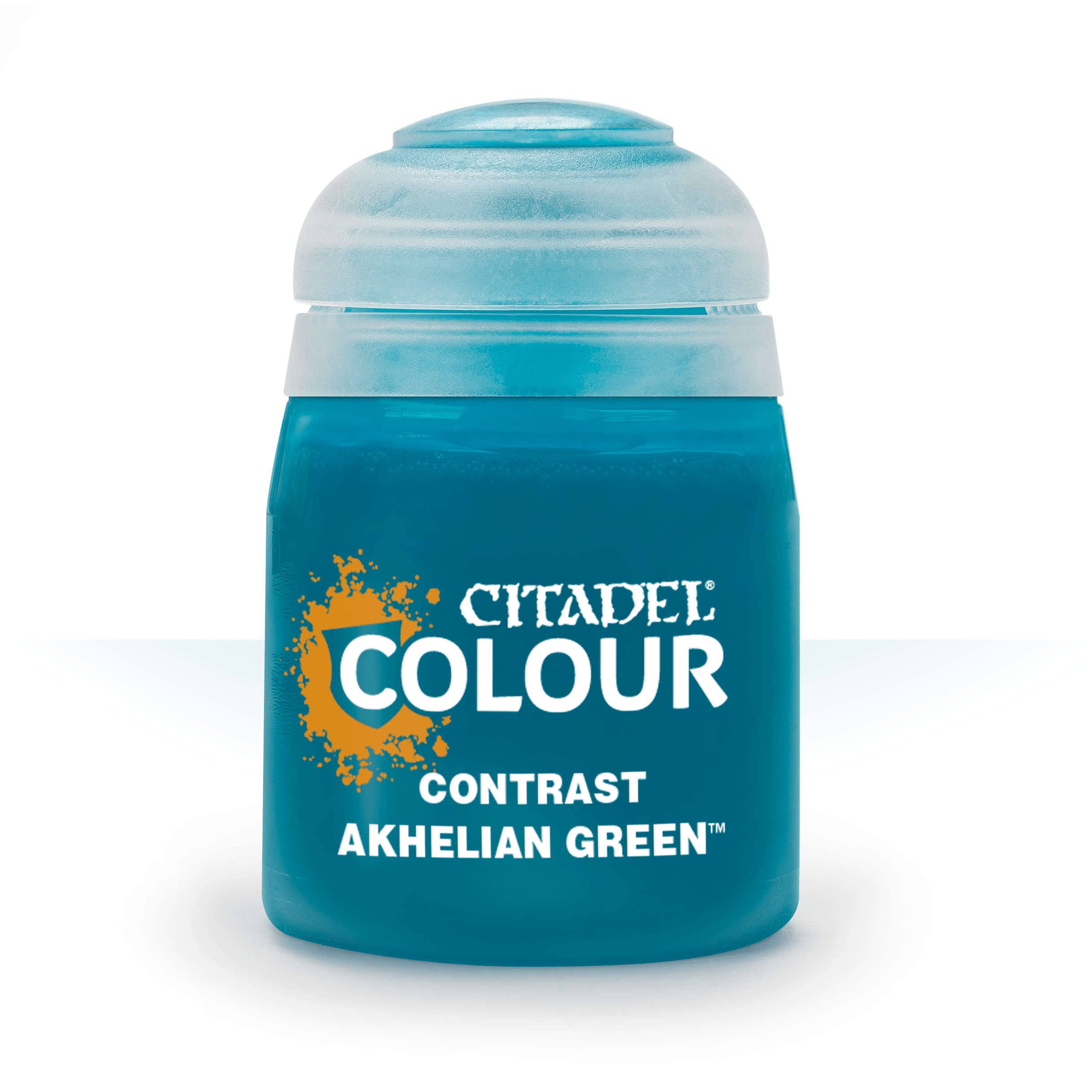 Citadel Contrast Paint: Akhelian Green - Small blue plastic pot of Citadel Colour Contrast paint with white label reading Akhelian Green.