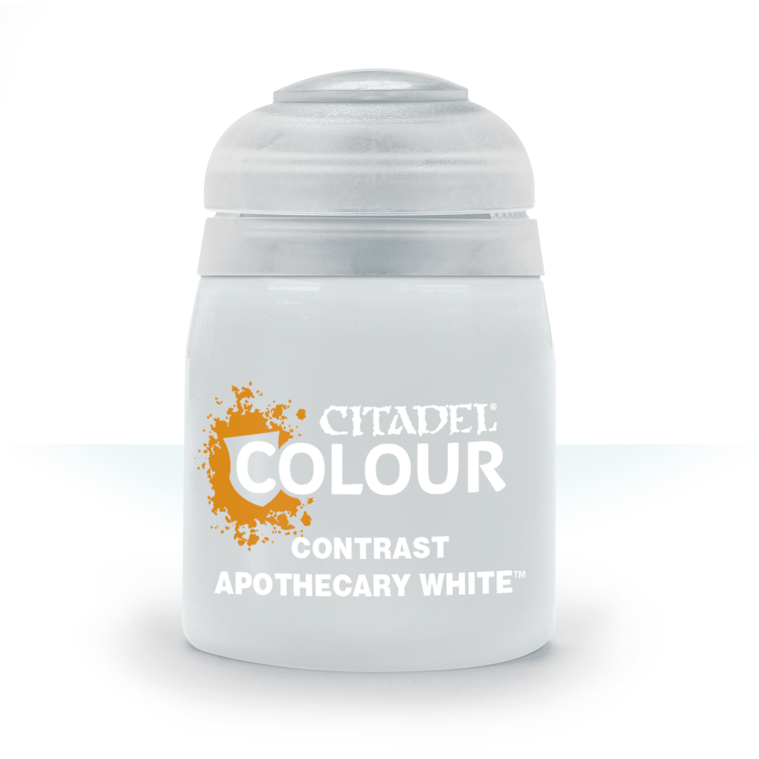 Citadel Contrast Paint: Apothecary White - Small white paint pot labeled Citadel Colour Contrast Apothecary White with a rounded gray lid.