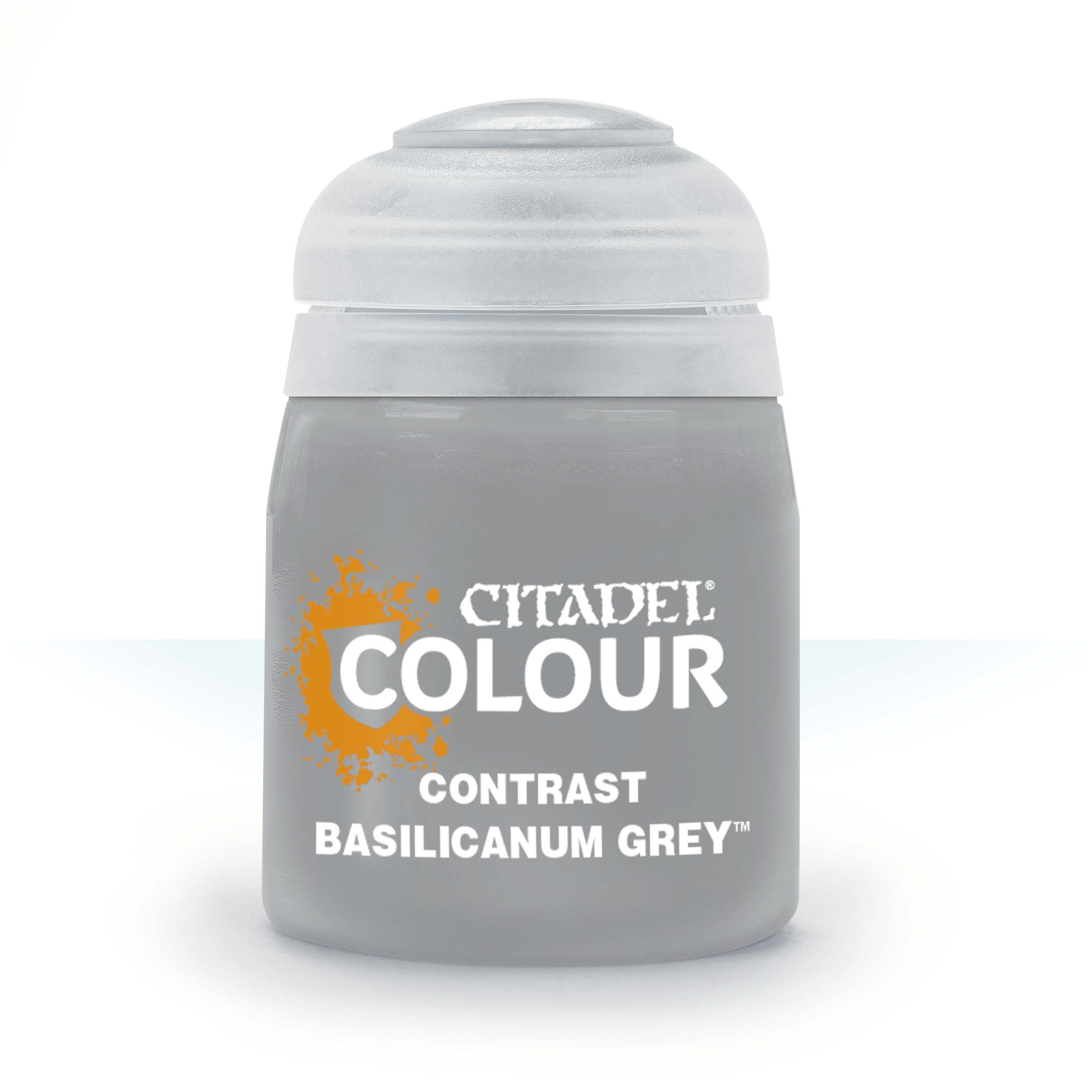 Citadel Contrast Paint: Basilicanum Grey - Small jar of Citadel Colour Contrast paint in Basilicanum Grey with clear lid and orange logo.