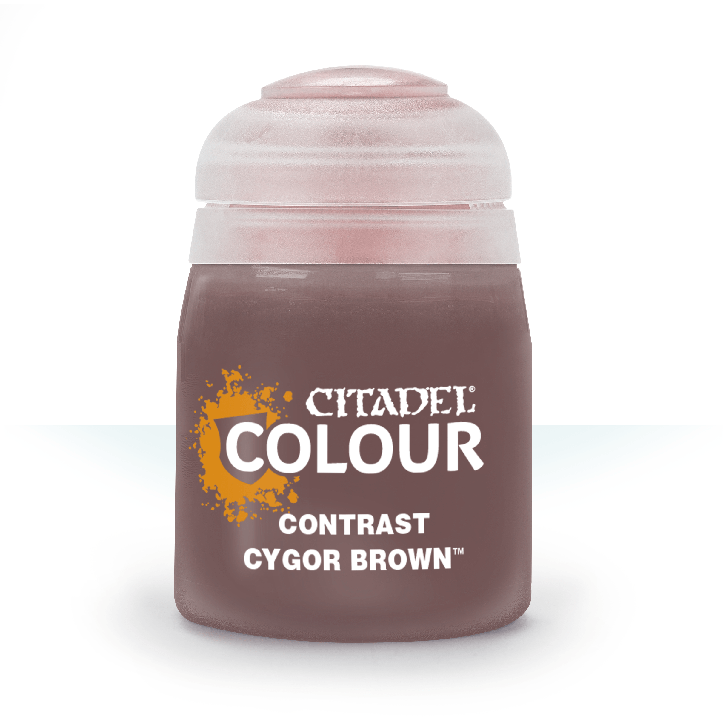 Citadel Contrast Paint: Cygor Brown - Small matte plastic pot of Citadel Colour Contrast Paint in rich Cygor Brown shade with orange and white label text.