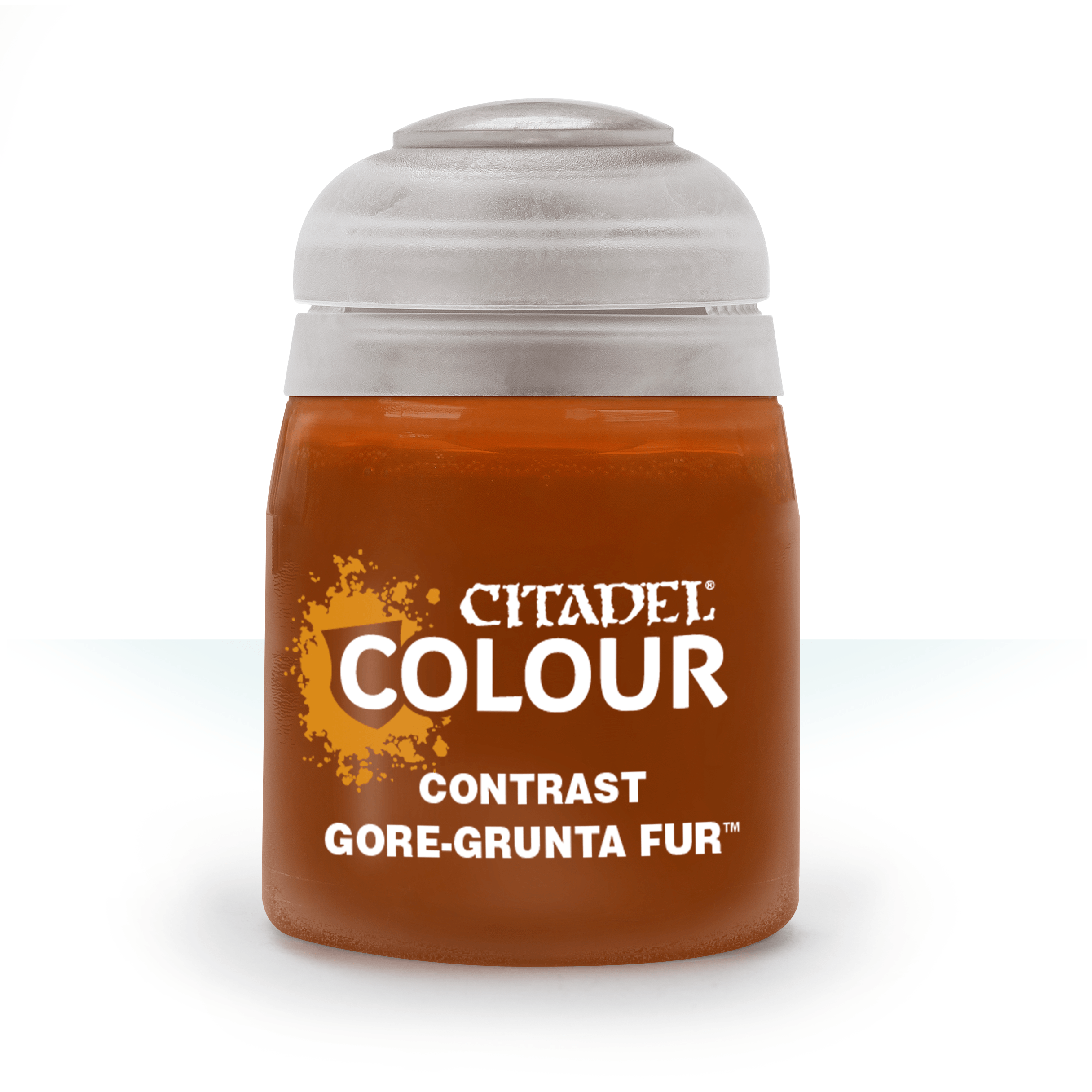 Citadel Contrast Paint: Gore-Grunta Fur - Small Citadel Colour paint pot in rusty orange labeled Gore-Grunta Fur with white cap.