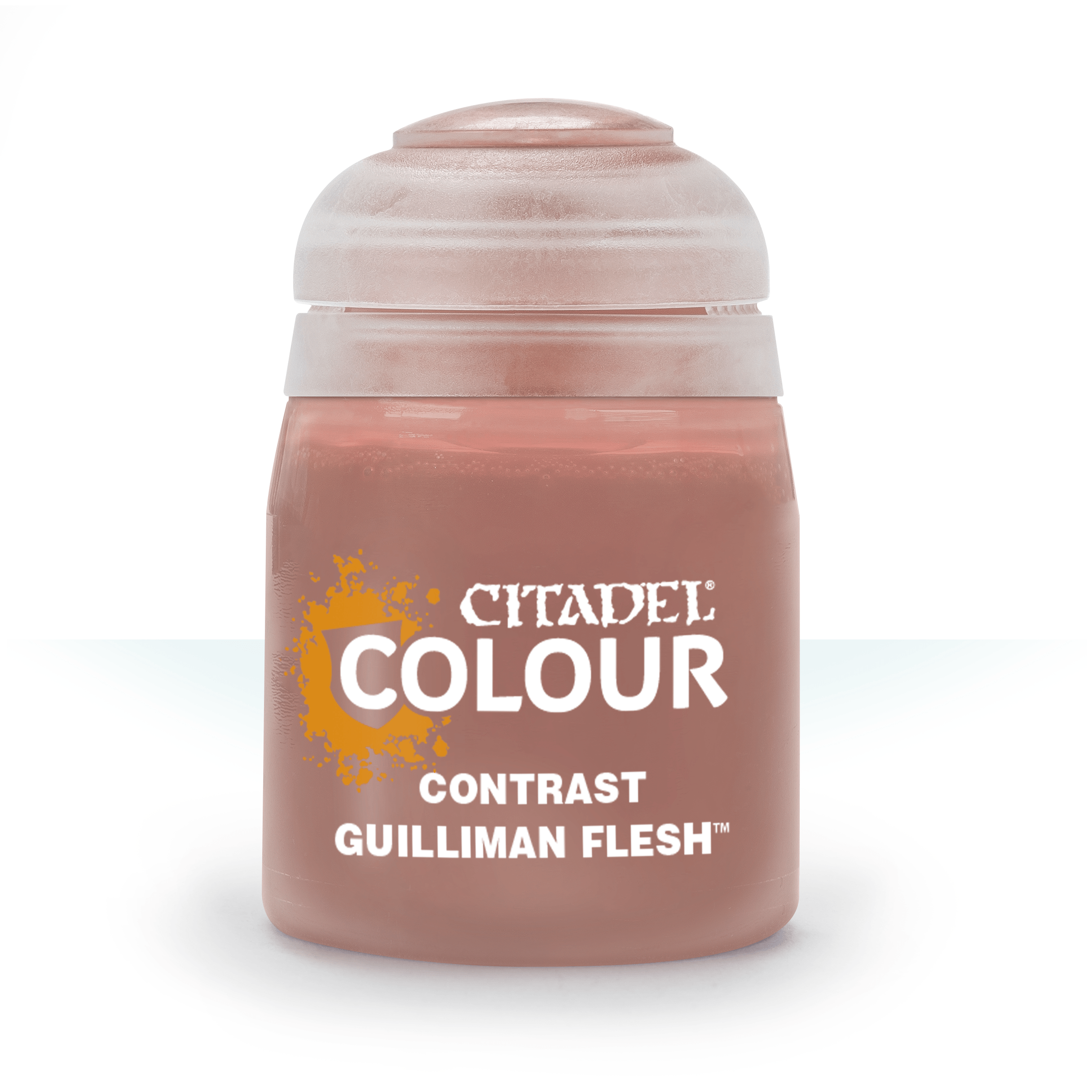 Citadel Contrast Paint: Guilliman Flesh - Small plastic pot of Citadel Colour Contrast paint in pinkish beige Guilliman Flesh shade with white text label.