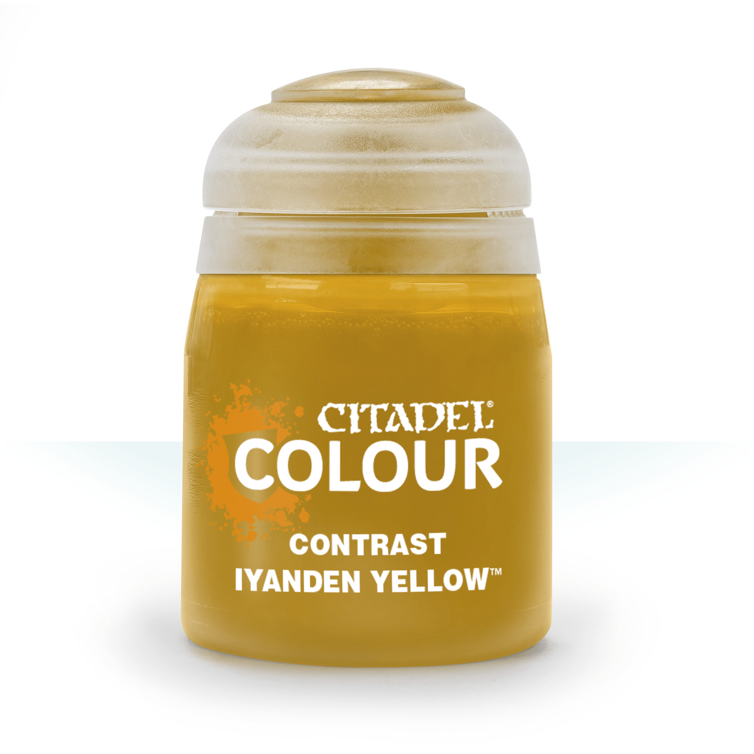 Citadel Contrast Paint: Iyanden Yellow - Small jar of Citadel Colour Contrast paint in vibrant Iyanden Yellow with white text on the label.