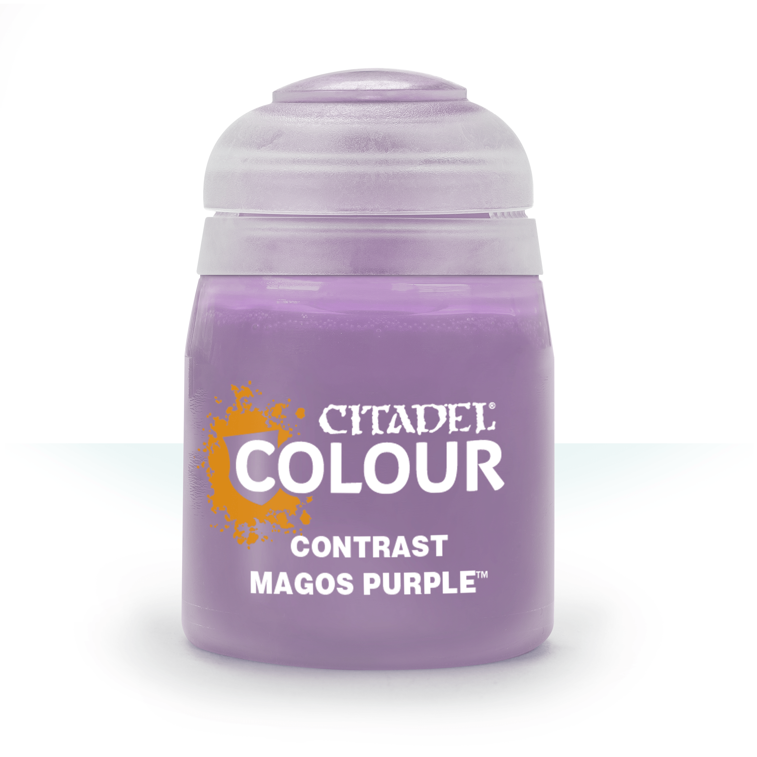 Citadel Contrast Paint: Magos Purple - Small frosted plastic jar of Citadel Colour Contrast paint in vibrant Magos Purple with white text label and lid.