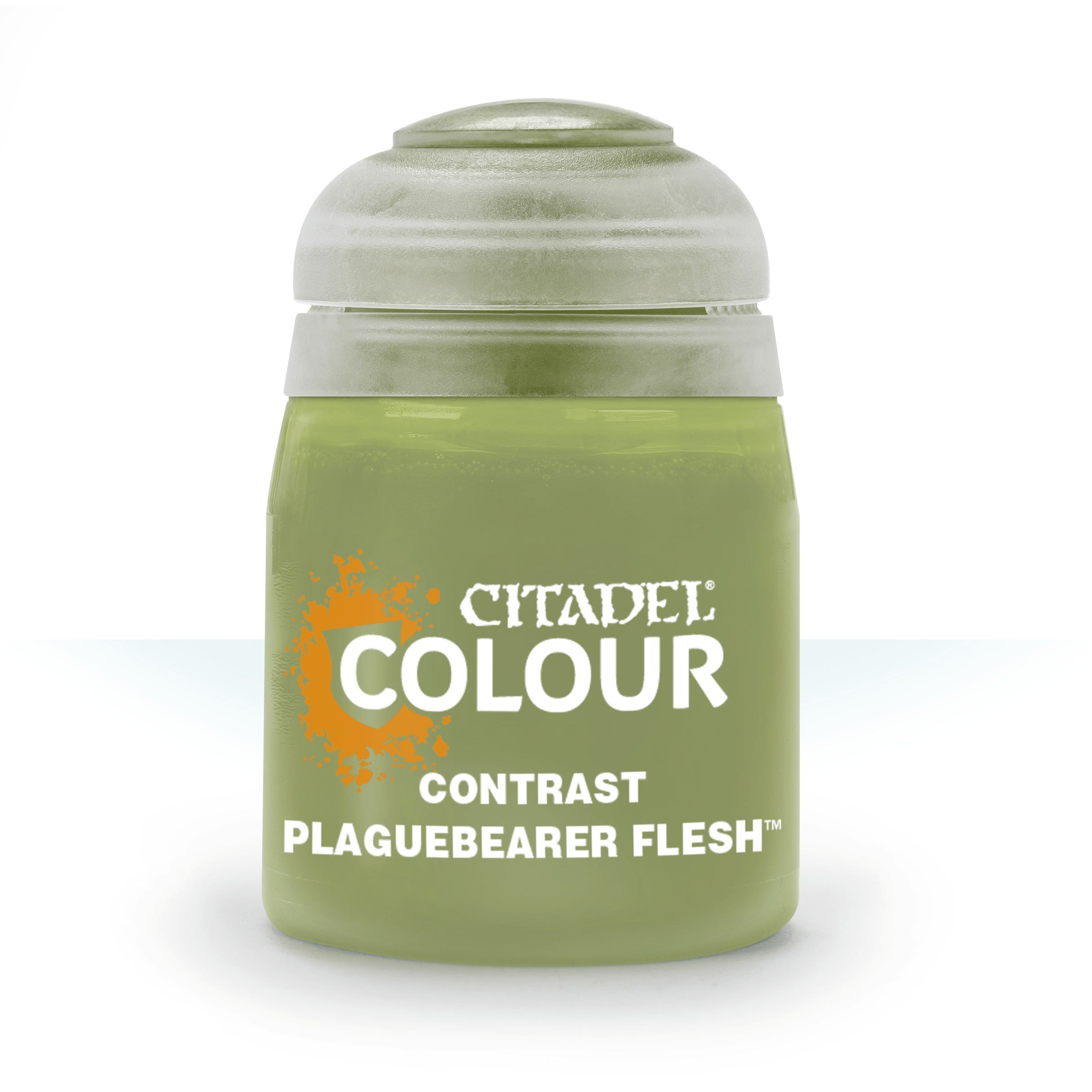 Citadel Contrast Paint: Plaguebearer Flesh - Small green plastic jar of Citadel Colour Contrast Paint labeled Plaguebearer Flesh with white and orange text.