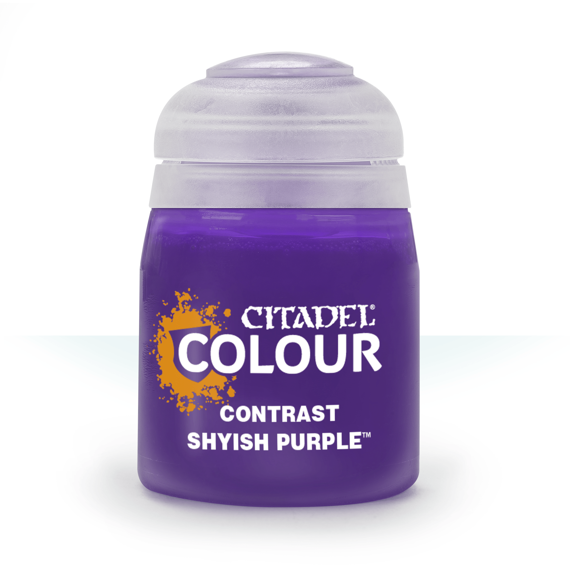 Citadel Contrast Paint: Shyish Purple - Small cylindrical bottle of Citadel Colour Contrast paint in Shyish Purple with a rounded, translucent purple cap.