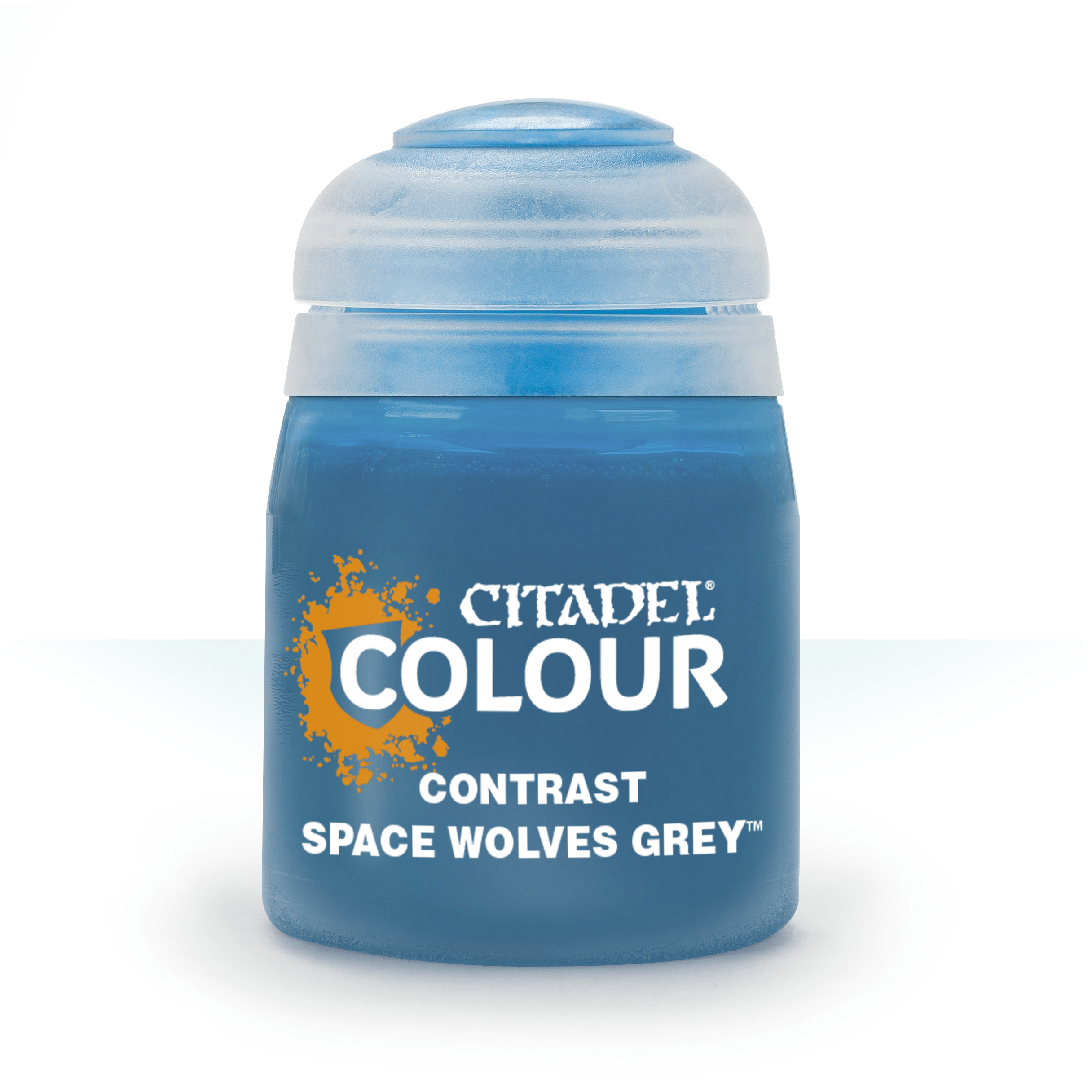 Citadel Contrast Paint: Space Wolves Grey - Small blue plastic paint pot labeled Citadel Colour Contrast Space Wolves Grey with a rounded cap.