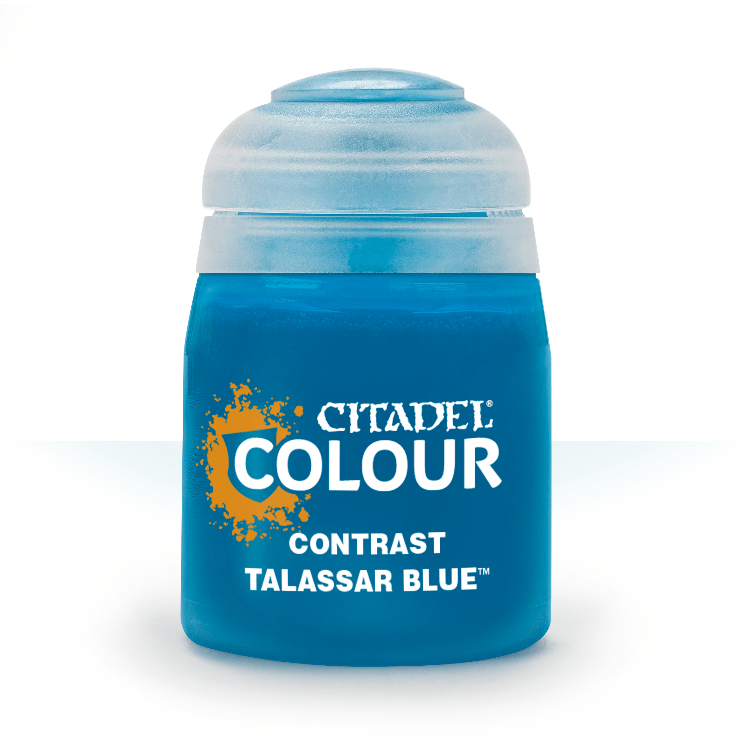 Citadel Contrast Paint: Talassar Blue - Small plastic pot of Citadel Colour Contrast paint in Talassar Blue with blue lid and white text label.