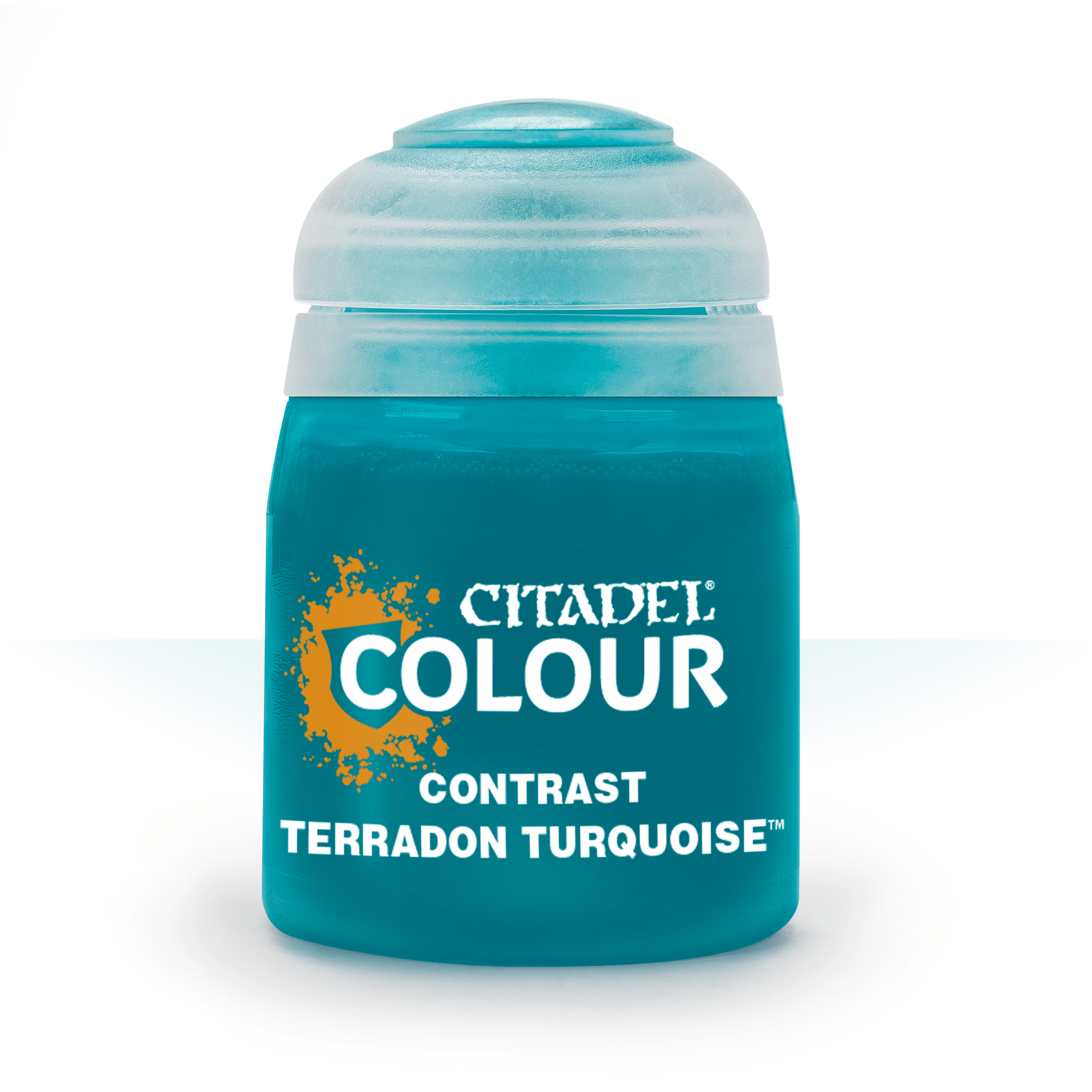 Citadel Contrast Paint: Terradon Turquoise - Citadel Contrast Paint bottle in vibrant terradon turquoise with orange and white branding.