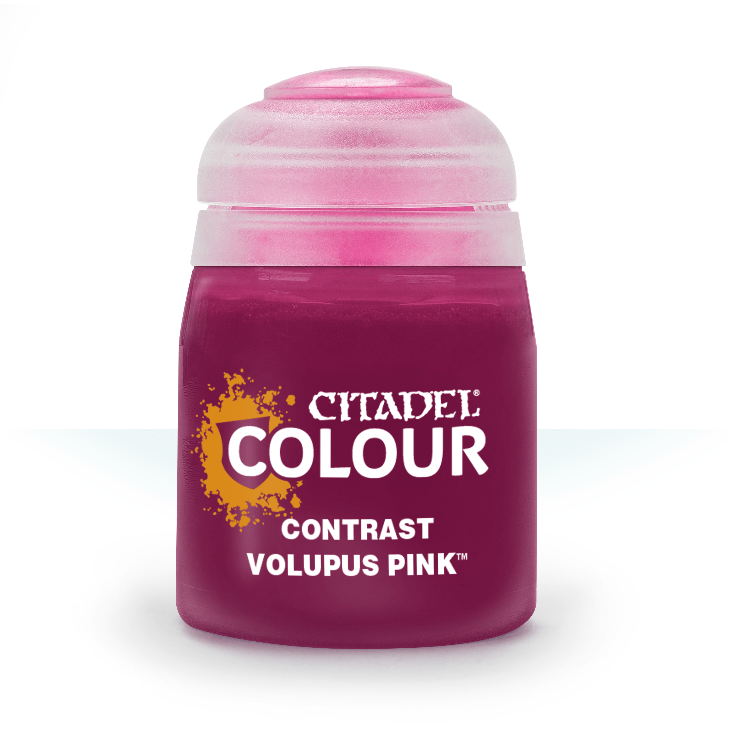 Citadel Contrast Paint: Volupus Pink - Small plastic bottle of Citadel Contrast Paint in Volupus Pink with white and yellow text on label.