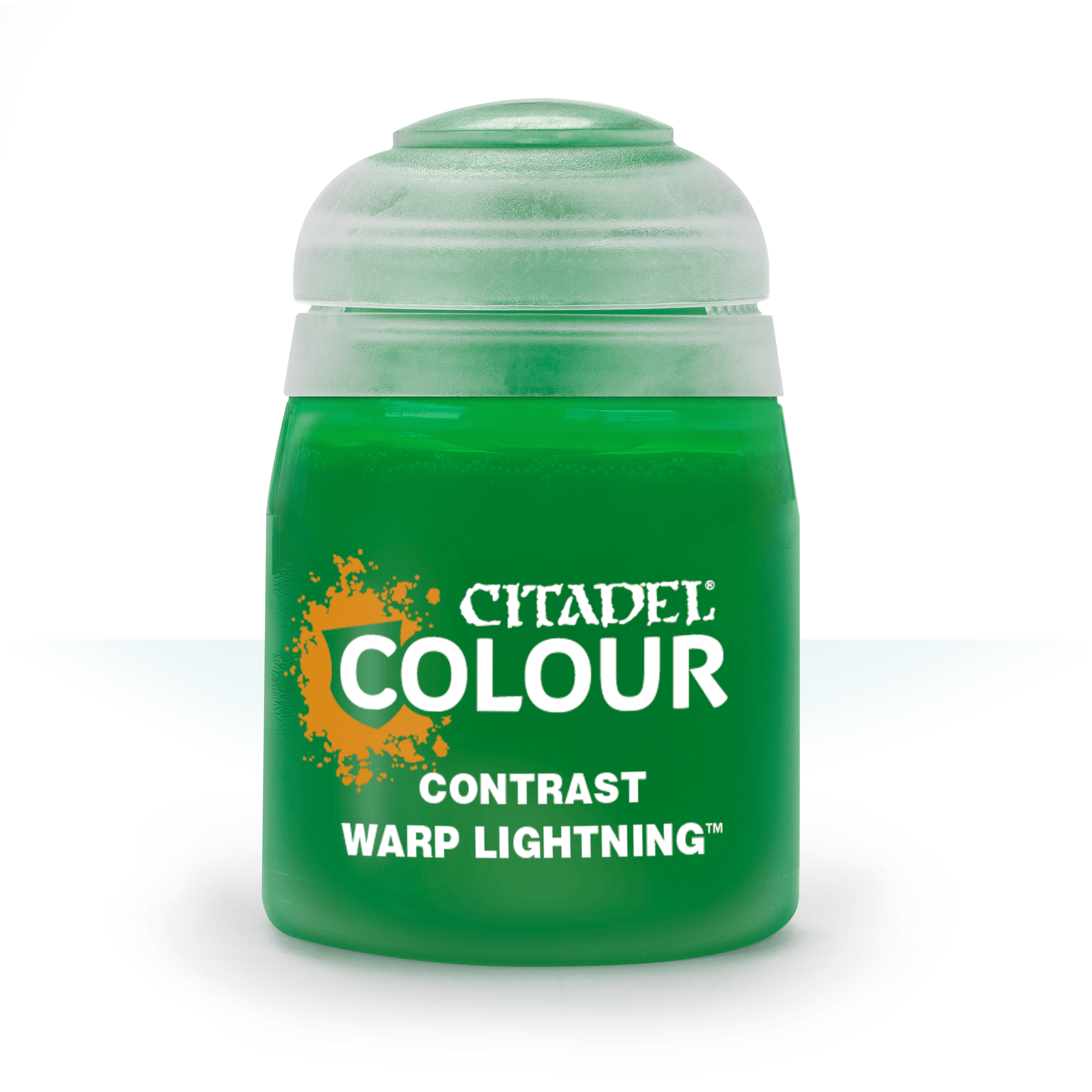 Citadel Contrast Paint: Warp Lightning - Green plastic paint pot with white Citadel Colour branding and Contrast Warp Lightning label.