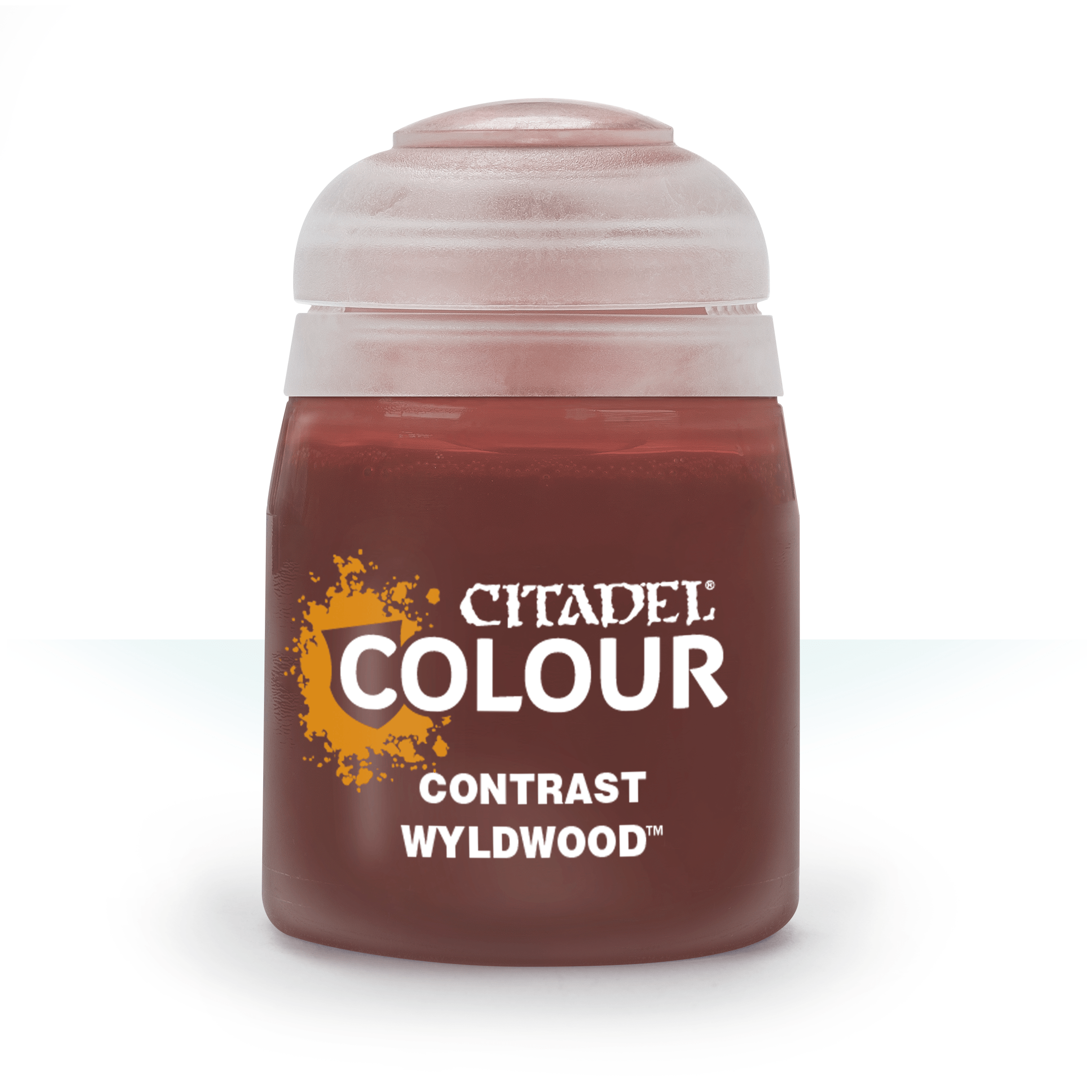 Citadel Contrast Paint: Wyldwood - Small plastic jar of Citadel Colour Contrast Paint in dark reddish-brown Wyldwood shade with white label text.