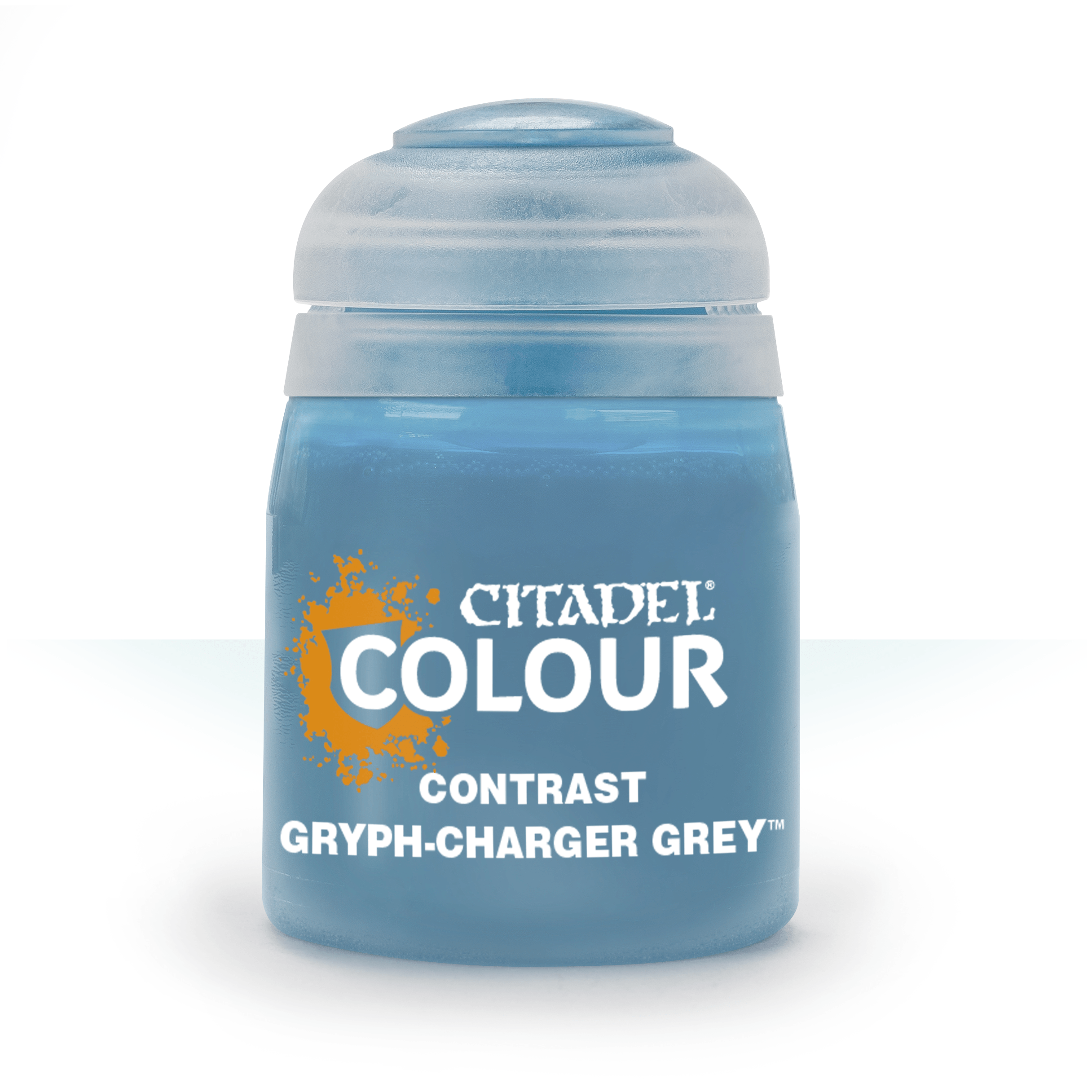 Citadel Contrast Paint: Gryph-Charger Grey - Small frosted plastic pot of Citadel Colour Contrast paint in Gryph-Charger Grey with orange splash design on label.