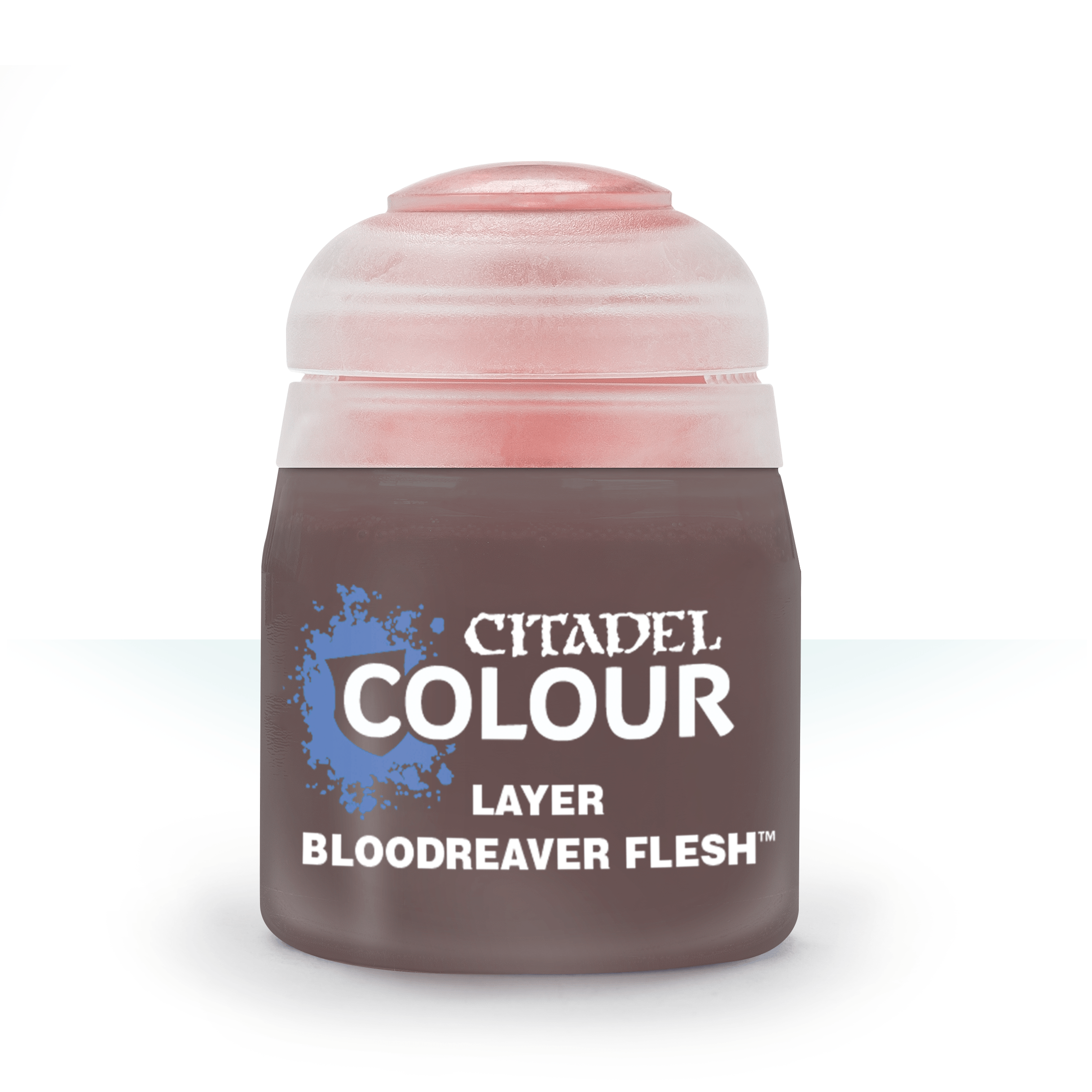 Citadel Layer Paint: Bloodreaver Flesh - Small Citadel Colour Layer paint pot in translucent frosted plastic with pinkish Bloodreaver Flesh paint visible inside and.