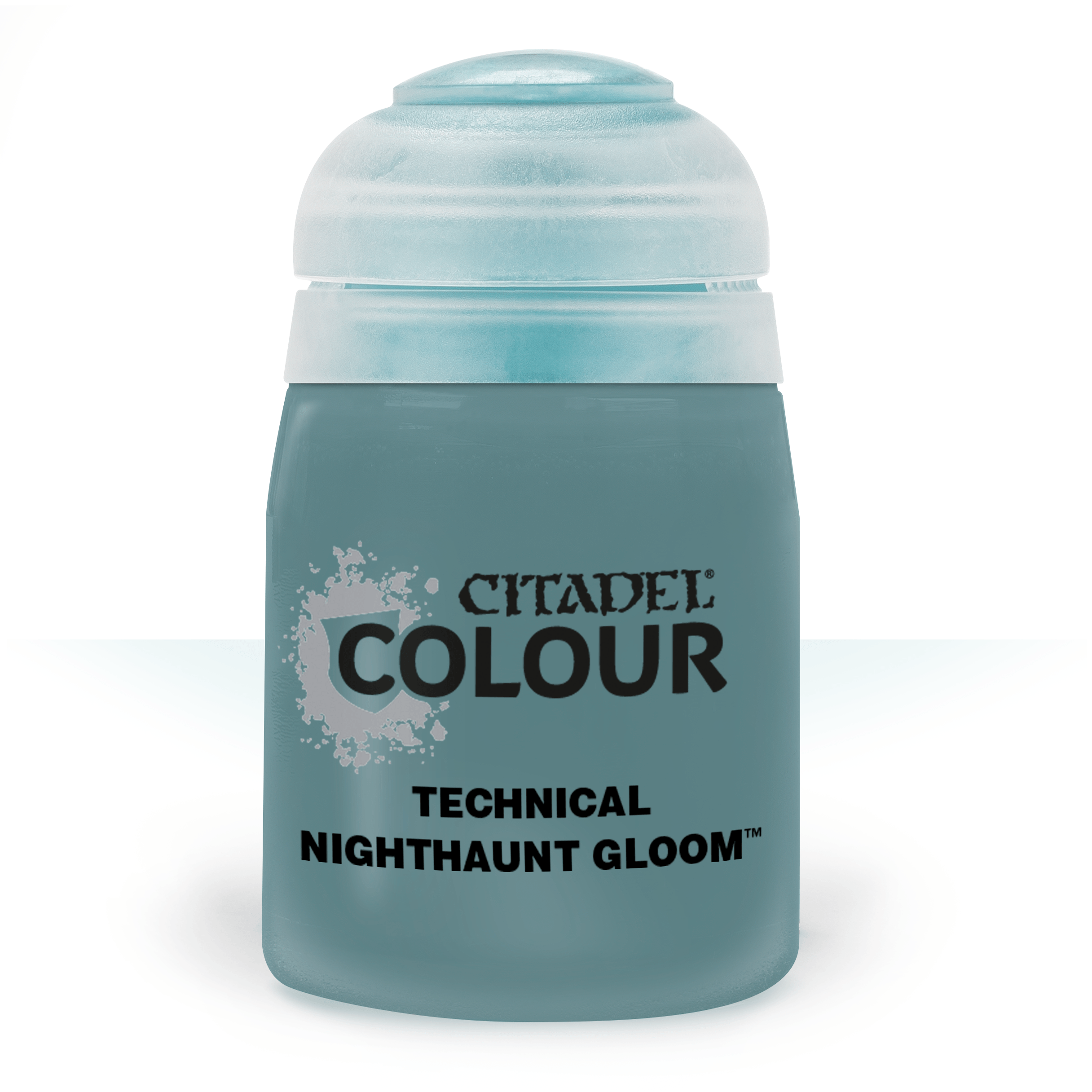 Citadel Contrast Paint: Nighthaunt Gloom - Small blue-gray Citadel Colour paint pot labeled Technical Nighthaunt Gloom with frosted translucent cap.