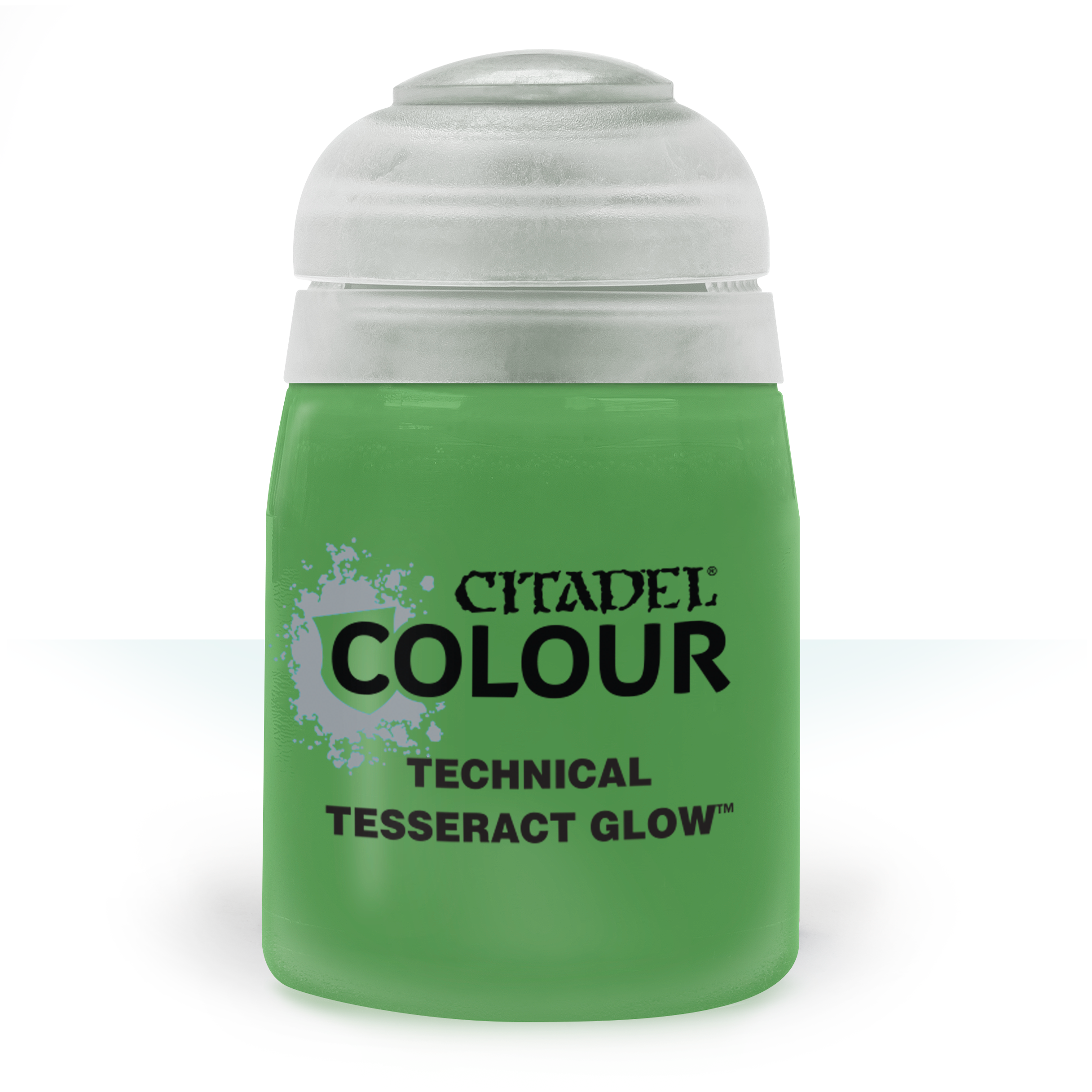 Citadel Technical Paint: Tesseract Glow - Green Citadel Colour Technical paint pot labeled Tesseract Glow with frosted lid.