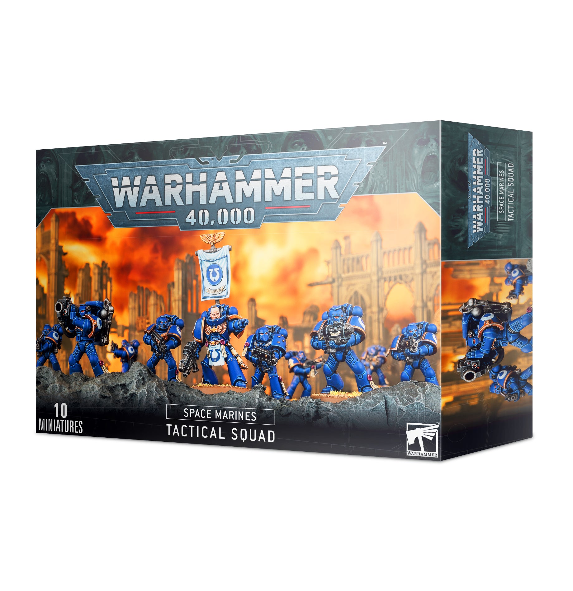 Warhammer 40,000 - Space Marines - Tactical Squad - Warhammer 40,000 Space Marines Tactical Squad box showing blue-armored miniature figures with guns and banner on fiery.