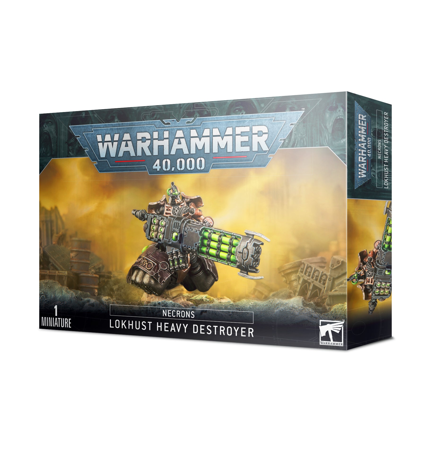 Warhammer 40,000 - Necrons - Lokhust Heavy Destroyer - Warhammer 40,000 Necrons Lokhust Heavy Destroyer model kit box with green energy weapons artwork.